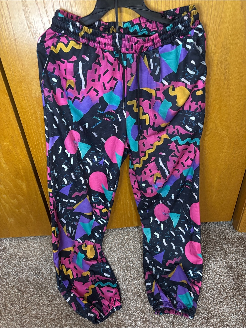 Unisex Black Joggers with Pink & Teal Geometric Print size L